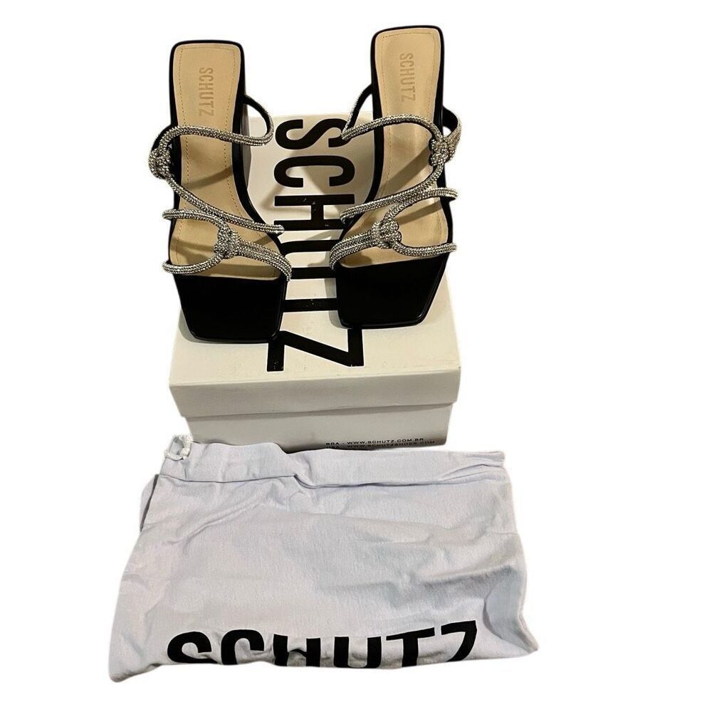 Schutz Squared Toe Crystal Strappy Wedge Platform Sandal “Lauryn” 8.5 Slip on - Picture 3 of 6